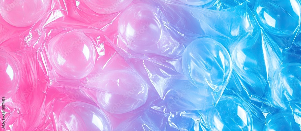 Poster neon bubble wrap texture in light blue and pink colors with a colorful gradient flat lay view featur