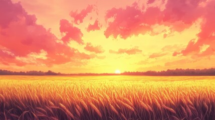 Fototapeta premium Serene Sunset Over Golden Wheat Field with Vibrant Sky and Gentle Clouds