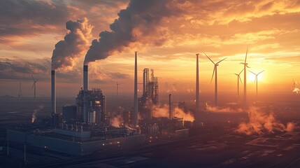 Industrial-scale green ammonia production facility at sunrise, massive wind turbines powering electrolyzers