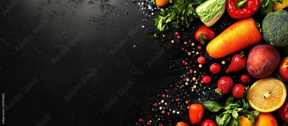 Poster vibrant assortment of fresh fruits and vegetables on a textured black background with scattered spic
