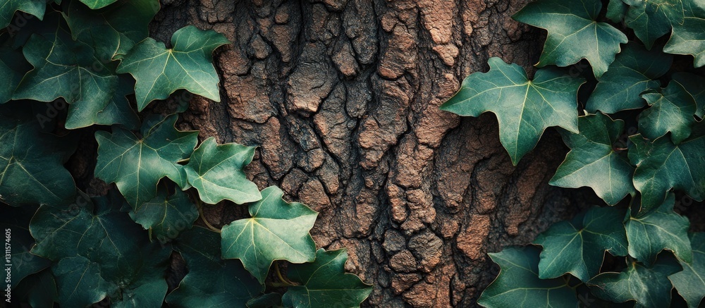 Poster lush green ivy leaves framing rough textured bark background creating natural pattern with ample cop