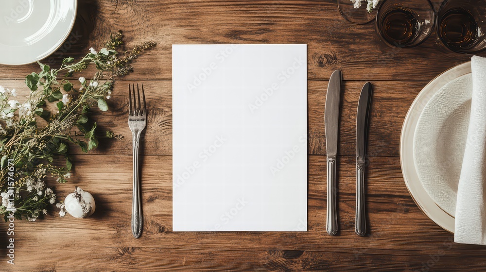 Poster table setting with menu: a meticulously arranged dining scene features a blank menu on a wooden tabl