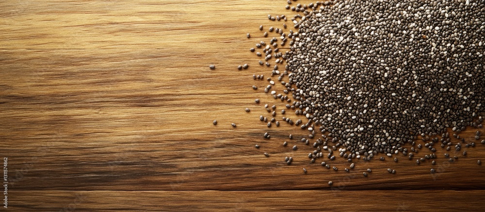 Poster chia seeds scattered on a textured wooden surface with warm brown tones and ample blank space for te