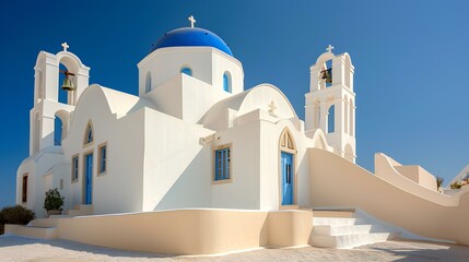 par adobado church with blue dome in Santorini, Greece. 