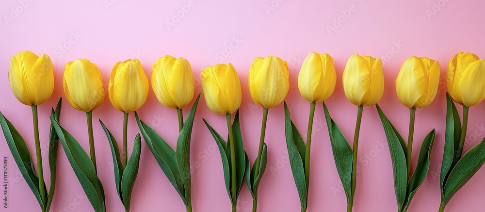 Poster vibrant yellow tulips lined in a row against a soft pink background with ample space for text ideal 