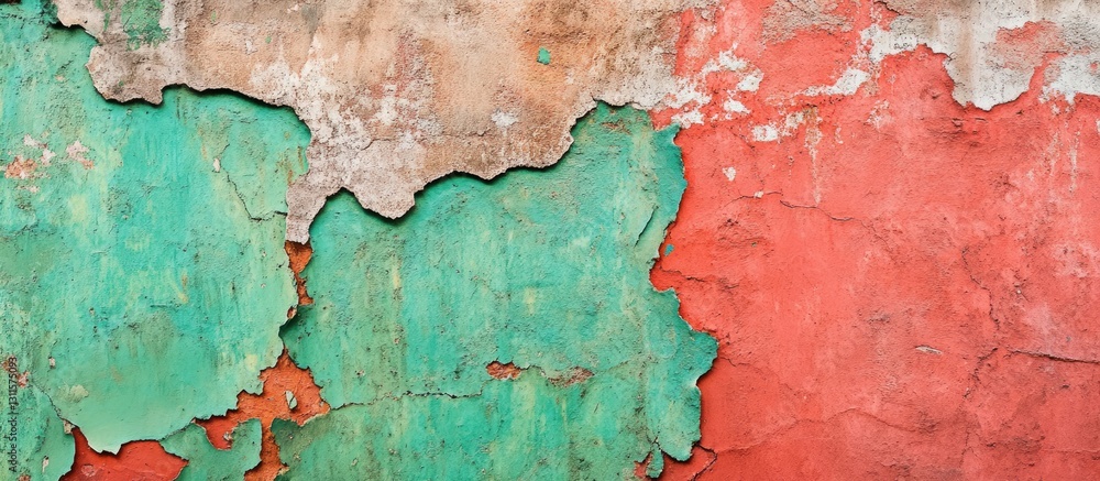 Poster vibrant distressed concrete wall with red and green patches peeling paint in a trendy color scheme c