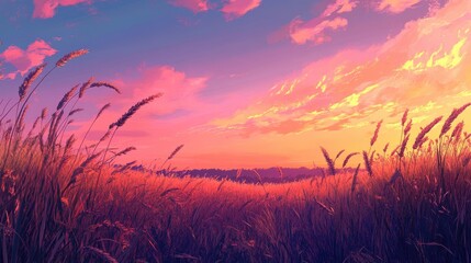Vibrant Sunset Over Serene Fields with Tall Grass Against a Colorful Sky and Silhouetted Horizon