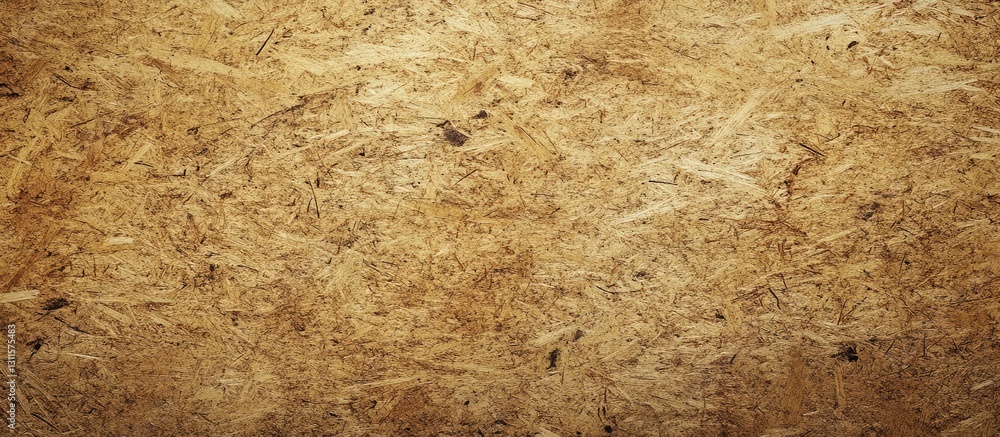 Poster textured brown oriented strand board background with visible wood fibers and random patterns creatin