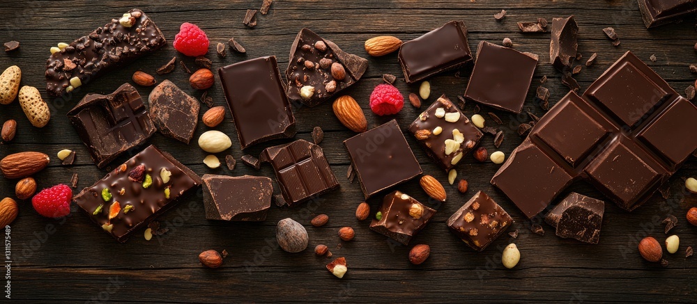 Poster Assorted chocolate bar pieces with hazelnuts almonds raspberries and pistachios on a dark wooden surface with cocoa beans and nuts scattered around