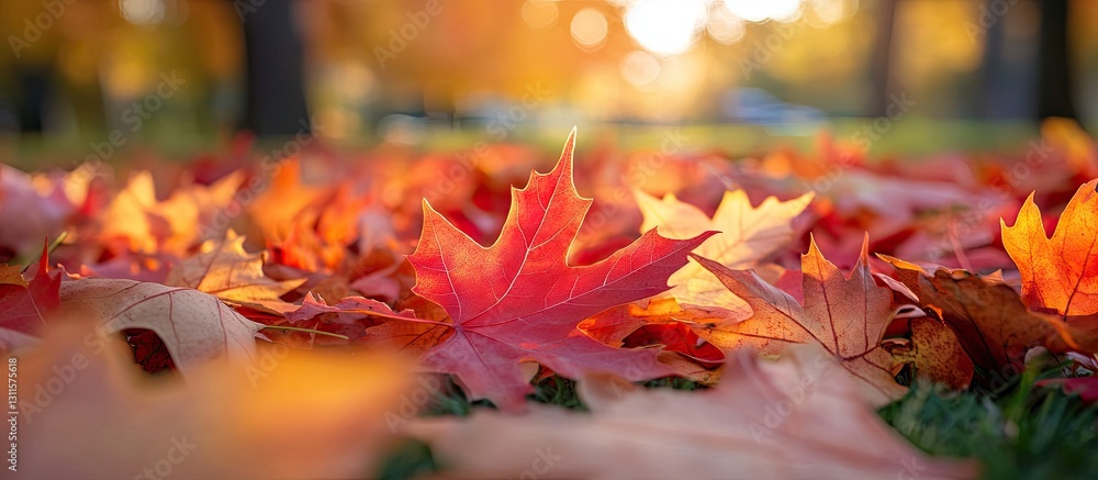 Poster vibrant orange and red maple leaves scattered on the ground with soft sunlight filtering through tre