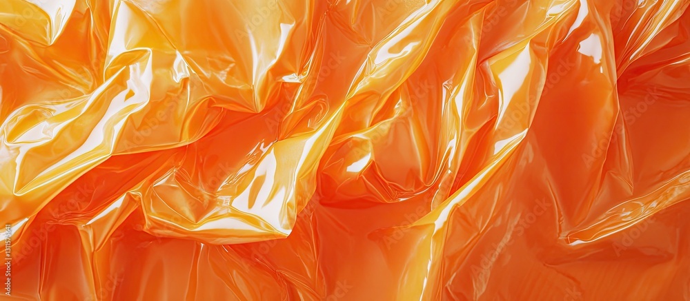 Poster vibrant orange plastic bag surface texture with crinkled glossy folds creating dynamic shadows and h