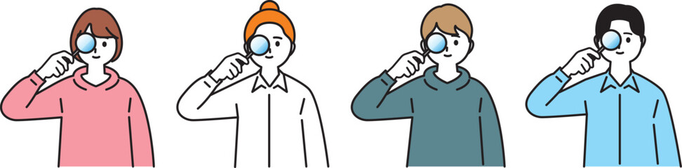 虫眼鏡を持って知的好奇心を満たそうとする女性と男性のイラスト