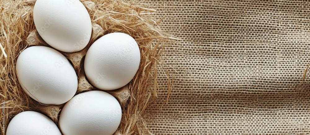 Poster organic white eggs nestled in straw on textured burlap background with empty space on the right for 