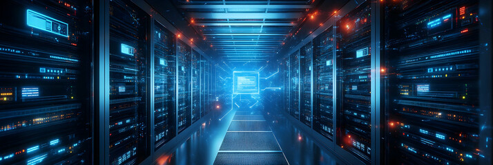 Naklejka premium A data center filled with servers and AI algorithms processing information -