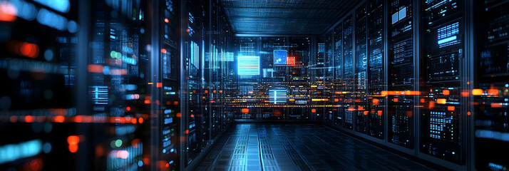 Obraz premium A data center filled with servers and AI algorithms processing information -