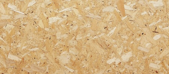 Light beige oriented strand board with a textured chipboard surface and subtle black specks, ideal for backgrounds, featuring ample copy space.