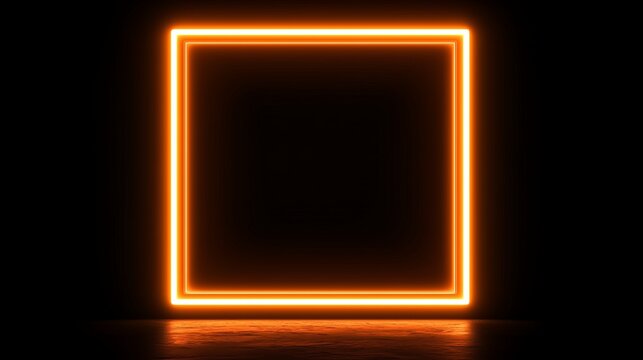 Neon orange square frame glowing brightly on black background. Perfect for tech design. AI generated