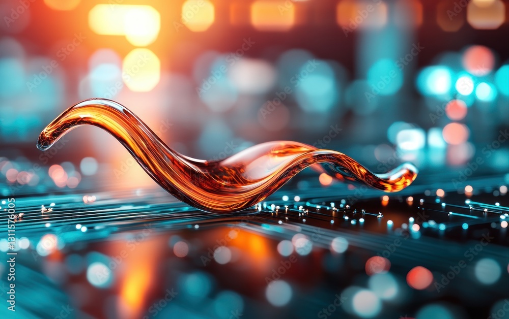 Poster Abstract Flowing Orange Wave Over Digital Background with Bokeh Effect and Circuit Patterns