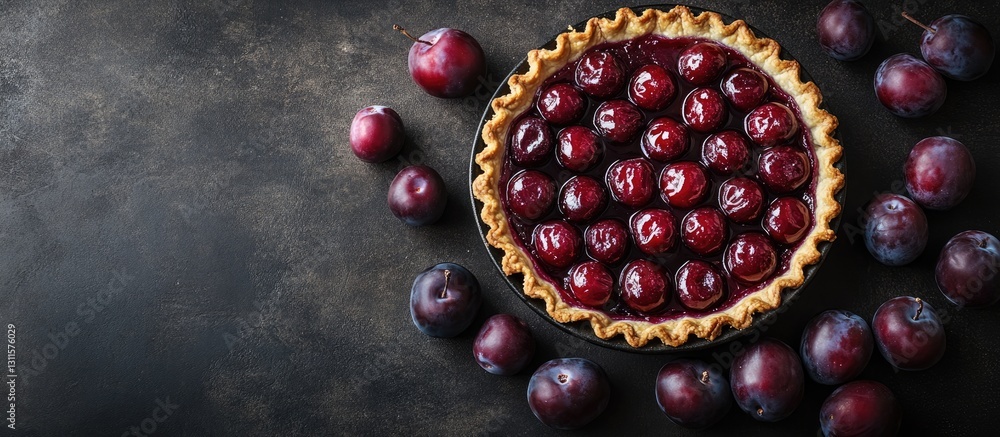 Poster overhead view of a golden crust plum pie filled with fresh plums on a dark textured surface with who