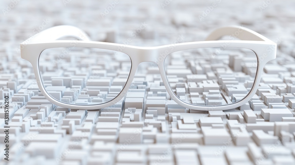 Poster white glasses over abstract cityscape with geometric shapes and 3d structures in focus