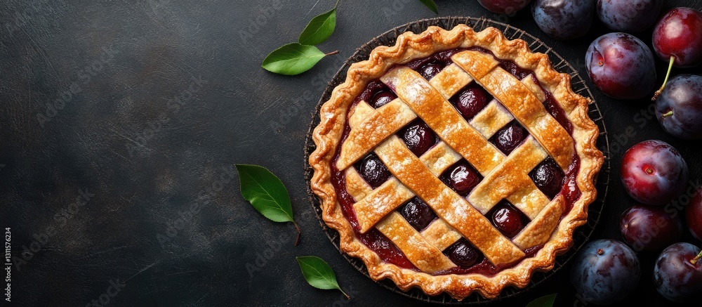 Poster rustic overhead view of a freshly baked plum pie with a golden lattice crust surrounded by dark purp