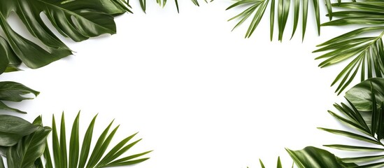 Lush green coconut leaves framing a blank white center creating a summer-themed backdrop ideal for text or design elements.