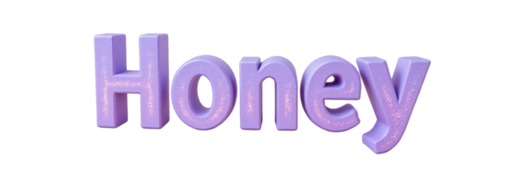 3D Render of Glittery Purple Text "Honey" on Transparent Background