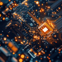 Obraz premium Abstract Close-Up of a Circuit Board with Bright Orange Lights and Detailed Connections
