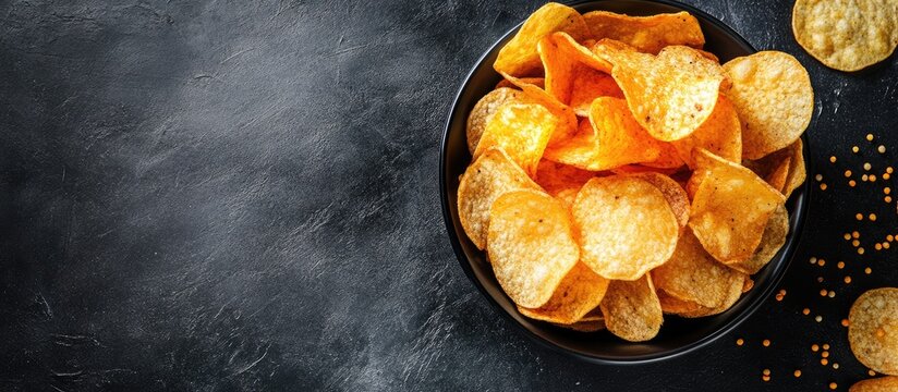 Bowl of crispy potato chips arranged in a black bowl on a textured slate surface with scattered mustard seeds and ample copyspace on the left