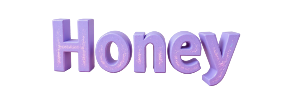 3D Render of Glittery Purple Text "Honey" on Transparent Background