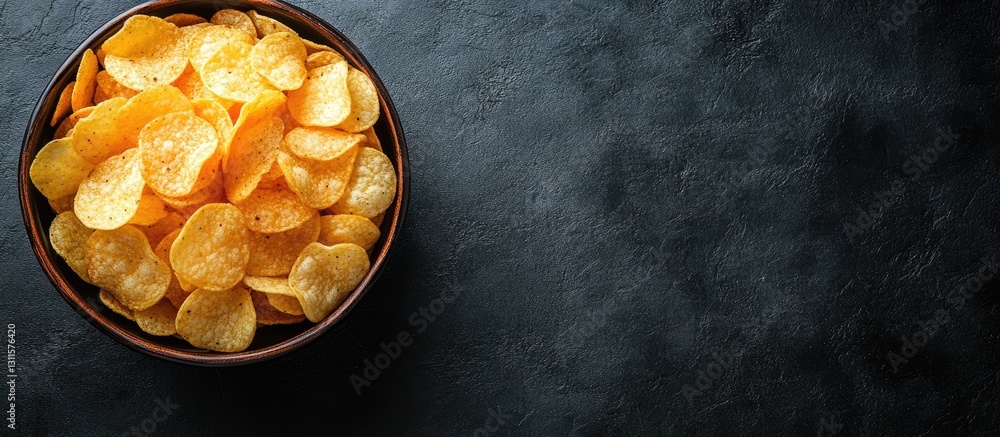 Poster golden potato chips in a wooden bowl centered on a black slate table captured from above with ample 