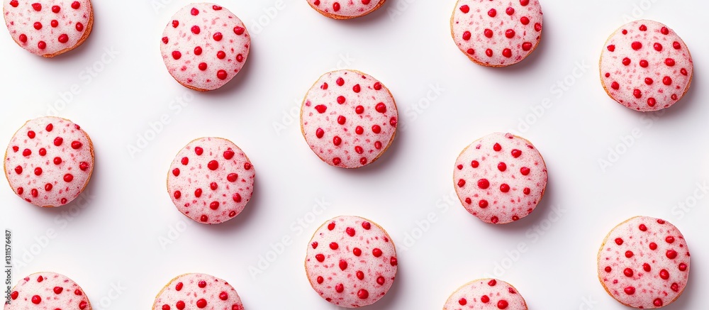 Poster colorful strawberry cookies in a repeating pattern on a clean white background featuring vibrant red