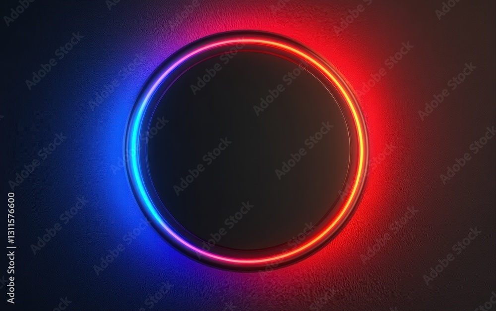Poster futuristic neon ring with red and blue glow on dark background for modern design projects