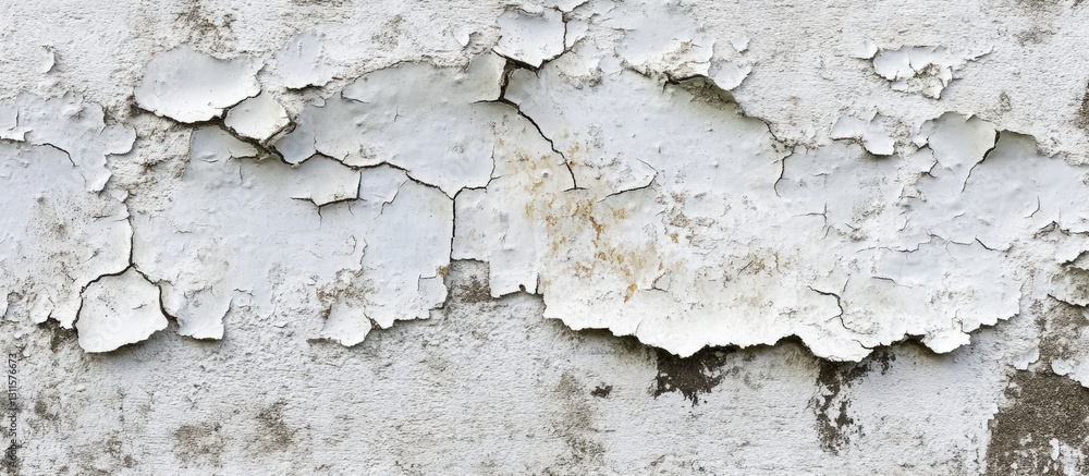 Poster aged concrete wall texture showing extensive white peeling paint with cracked patterns in a rough fi
