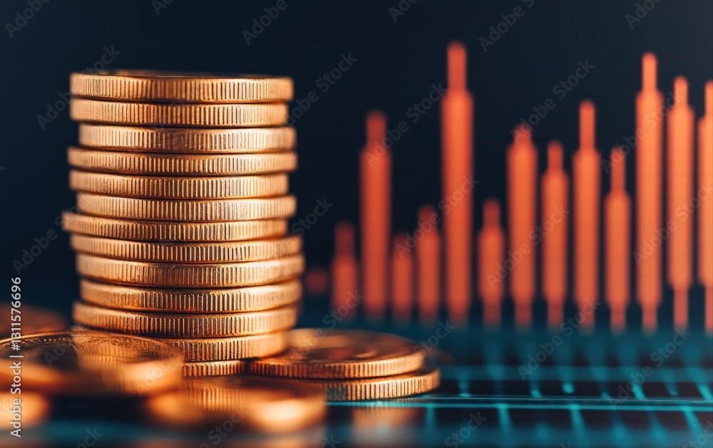 Aufkleber stacked golden coins with financial graph and currency analysis concept background