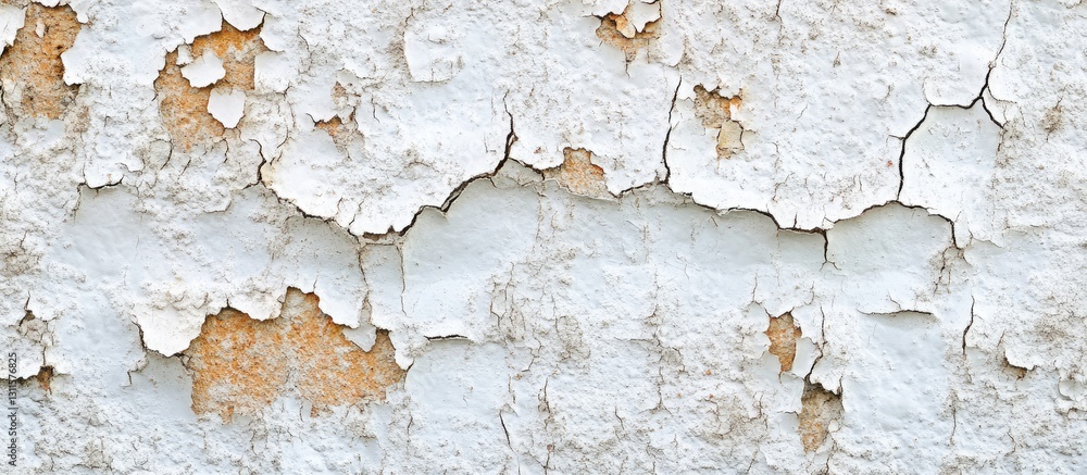Poster textured concrete wall displaying intricate patterns of peeling white paint with faded orange undert