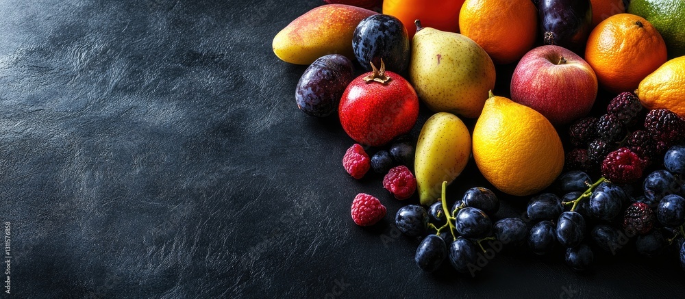 Aufkleber colorful assortment of fruits including apples pears grapes and berries arranged on a dark textured 