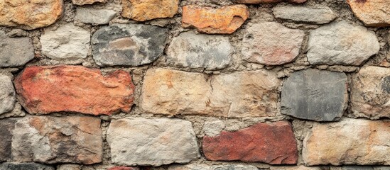 Fototapeta premium Textured stone and brick wall showcasing irregular shapes in shades of gray, beige, orange, and red with a rustic appearance and natural variation