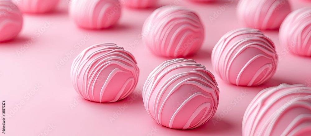 Poster delicate pink cake balls arranged symmetrically on a soft pink background with white swirled icing c