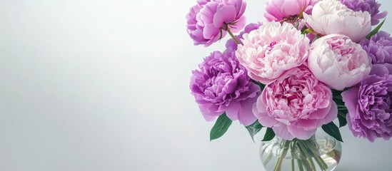 Obraz premium Elegant arrangement of pink and purple peonies in a clear vase on a white table with soft light; space for text on the right side.