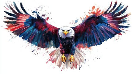 Obraz premium A majestic bald eagle spreads its vibrant wings in a stunning watercolor display, featuring radiant blues, greens, reds, and yellows that illuminate its dynamic form