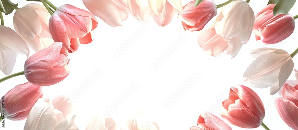 Poster delicate pink and white tulips arranged in a circular border on a bright white background creating c