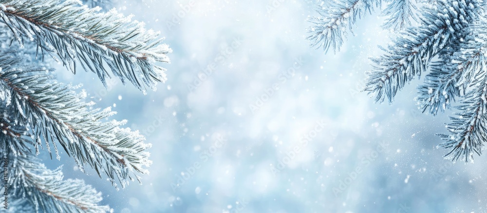 Poster snowy pine branches frame a soft blue background with bokeh effects capturing the serenity of winter