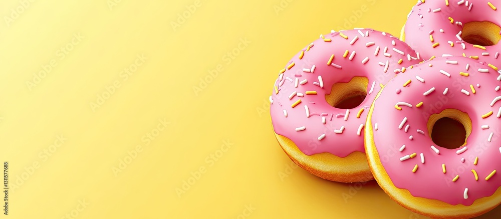 Poster pink frosted donuts with colorful sprinkles arranged diagonally on a vibrant yellow background creat