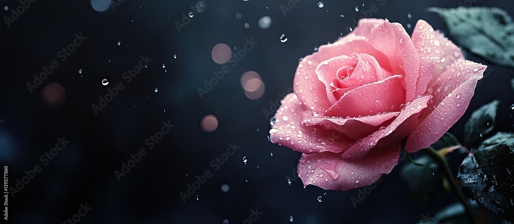Poster delicate pink rose adorned with raindrops positioned right, dark bokeh background filled with soft l