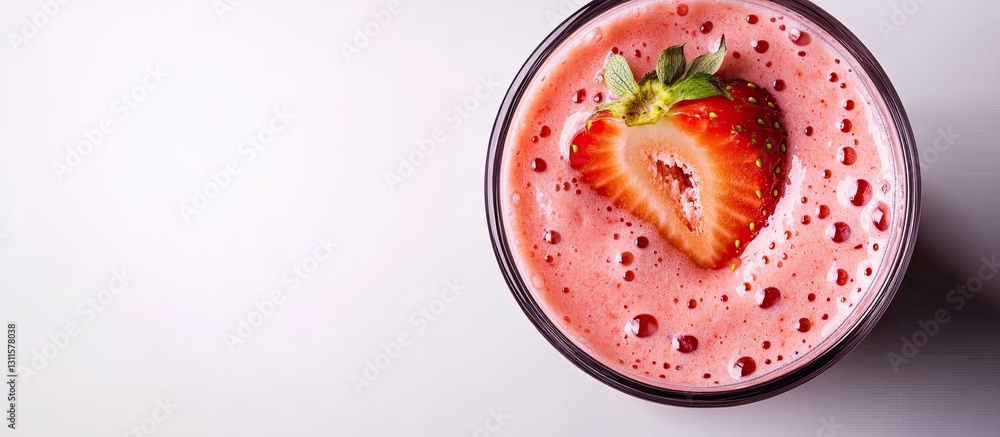 Poster refreshing pink strawberry smoothie in clear glass with fresh strawberry slice on top against a soft