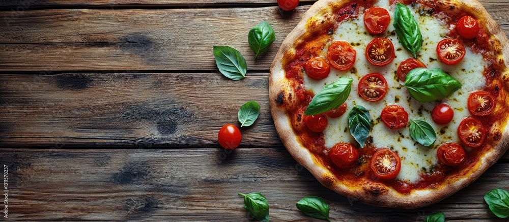 Poster pizza with cherry tomatoes and suluguni cheese garnished with basil on a rustic wooden background wi