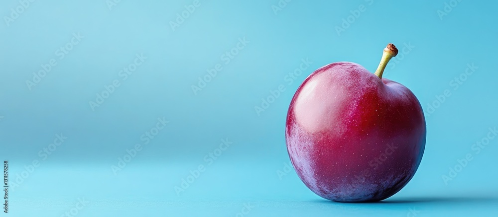 Poster ripe purple plum resting on a soft blue background with ample copyspace creating a fresh and invitin