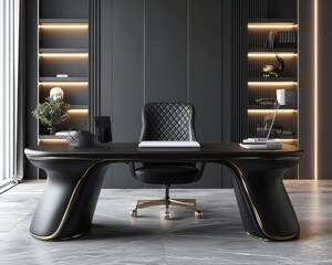 Sleek Matte Black Executive Desk with Brass Inlay