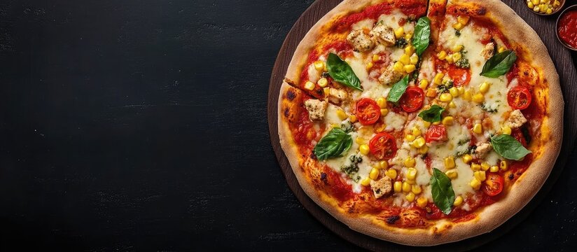 Delicious pizza topped with vibrant red tomato sauce, melted mozzarella and gorgonzola cheese, chicken bits, sweet corn, and fresh basil, viewed from above.